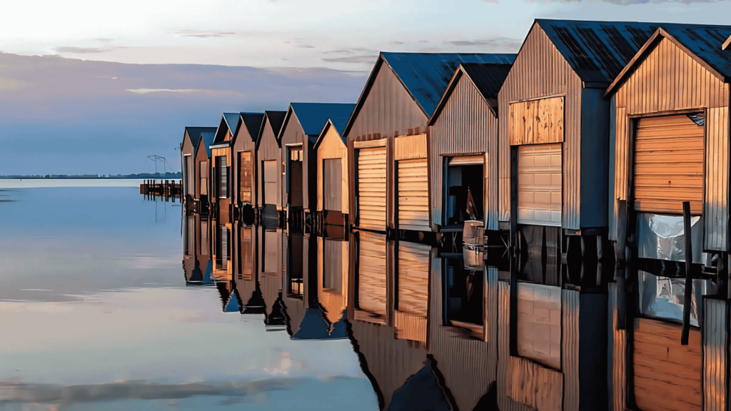 Waterfront boathouses in Norfolk County, MA, where D&G Exteriors provides roofing services.