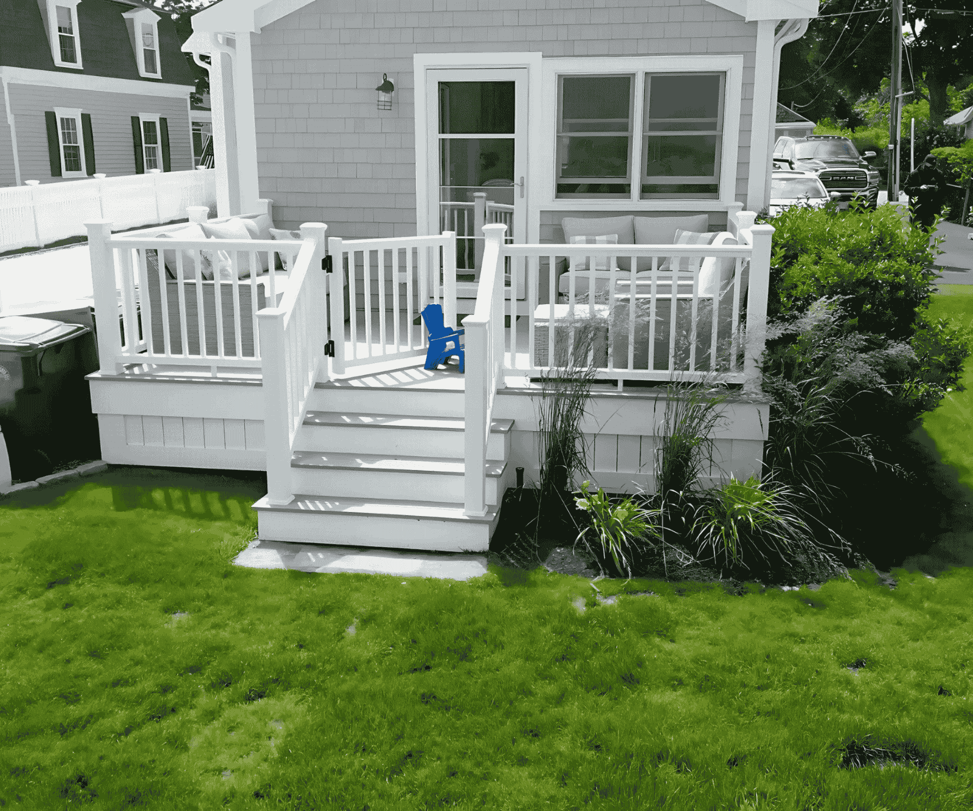 A beautifully designed custom deck with white railings and stairs, enhancing the exterior of a home in Lynn, MA.