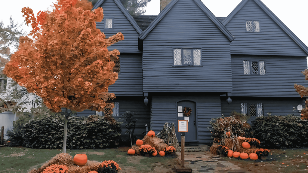 Salem’s famous Witch House with autumn decorations, where D&G Exteriors provides expert roofing services for homes and businesses.